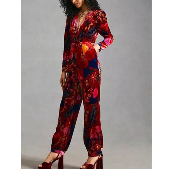 Farm Rio Anthropologie Wild Life Jumpsuit Velvet Floral Tropical S NWT Coveralls